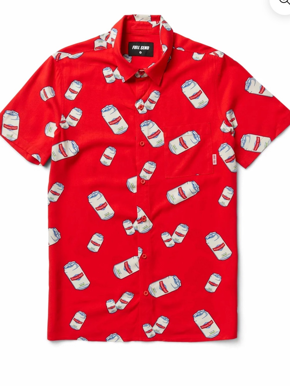 Happy Dad Red Full Send Can Print Short Sleeve Funny Button Up Rayon Shirt M